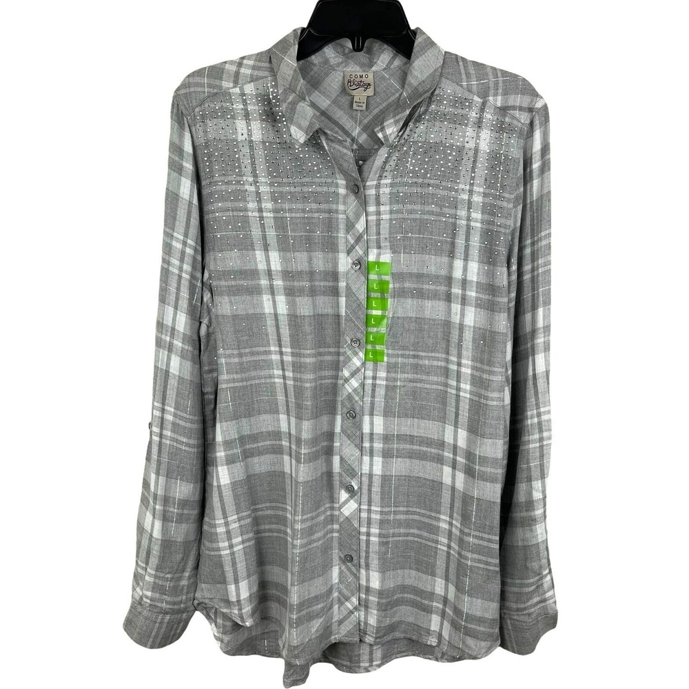 Como Vintage Plaid Button Down Women Large Grey Rhinestone Shirt